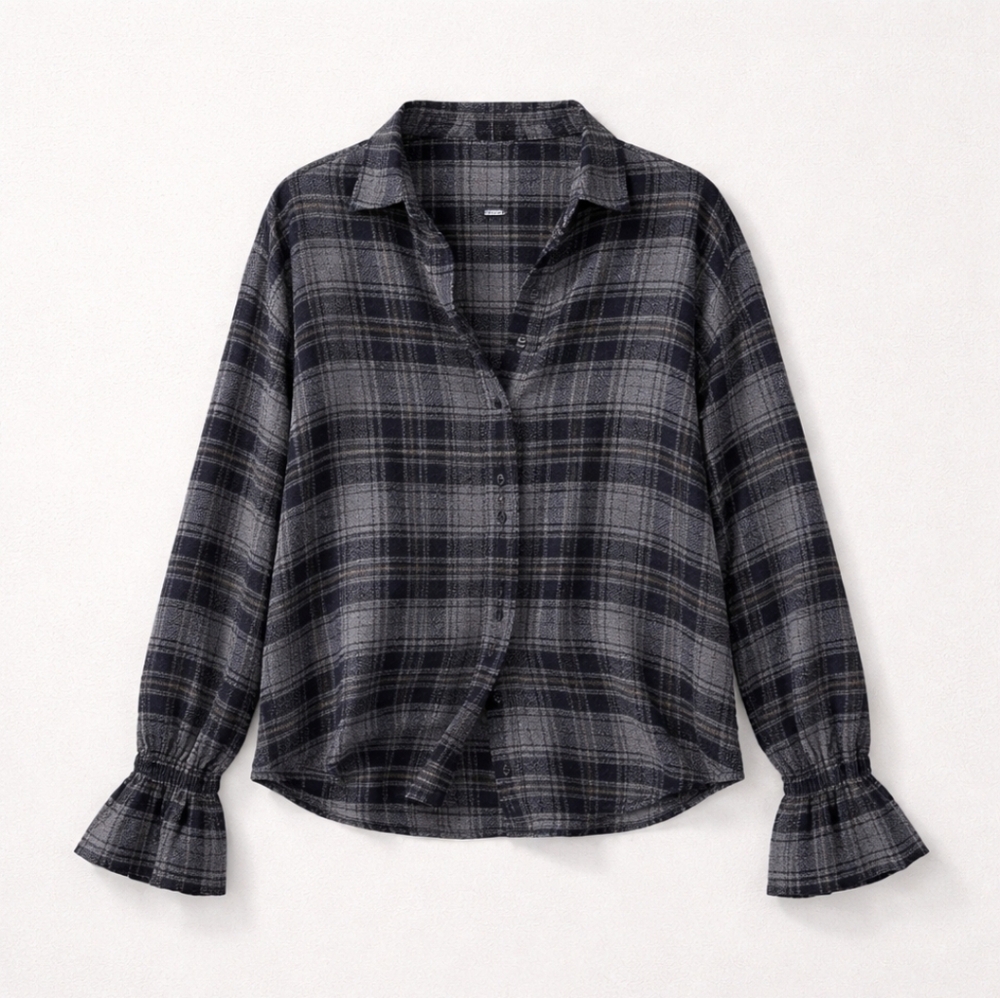 Madewell Westward Blue Gray Plaid Wool Blend Bell Sleeve Shirt